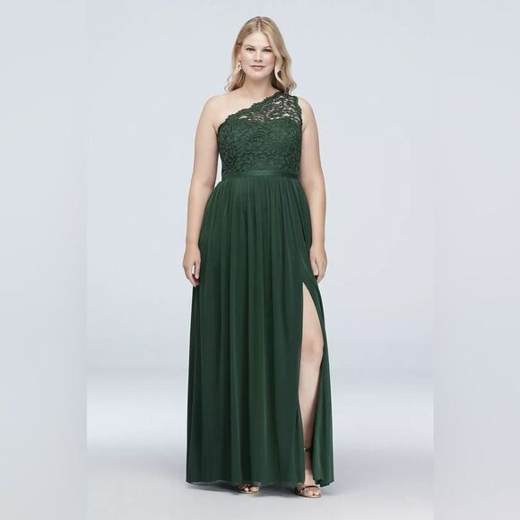 David's Bridal One Shoulder Lace Bodice Long Maxi Dress Size 22 Apple Red - Picture 4 of 14